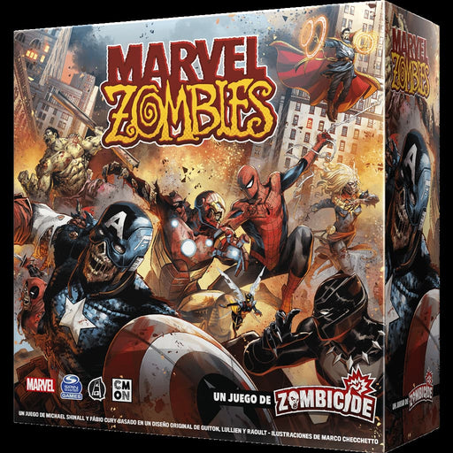 Marvel Zombies juego de mesa CMON con caja del juego mostrando superhéroes zombificados de los Avengers en arte oscuro y detallado
