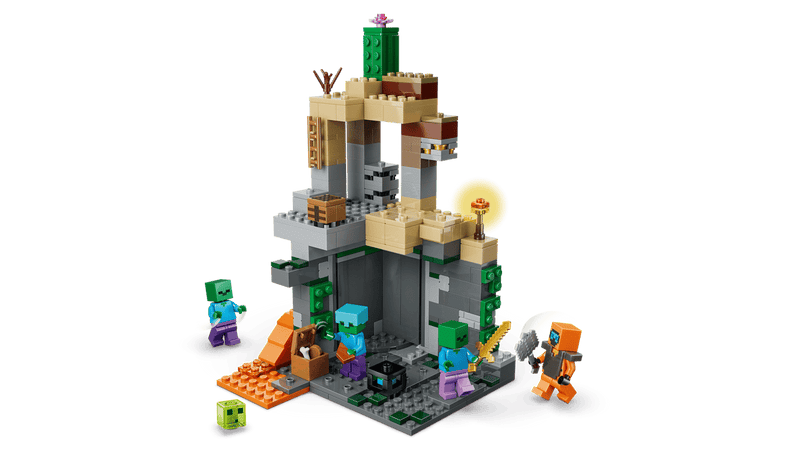 Mazmorra LEGO Minecraft con niveles, zombis, cactus, escalera y cofres