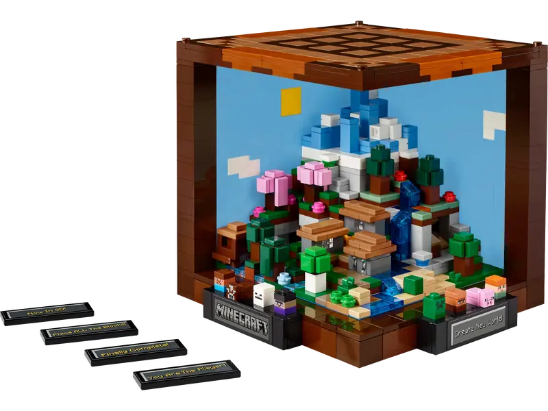 Mesa de Trabajo LEGO Minecraft 21265 con herramientas, pico y elementos interactivos del juego
