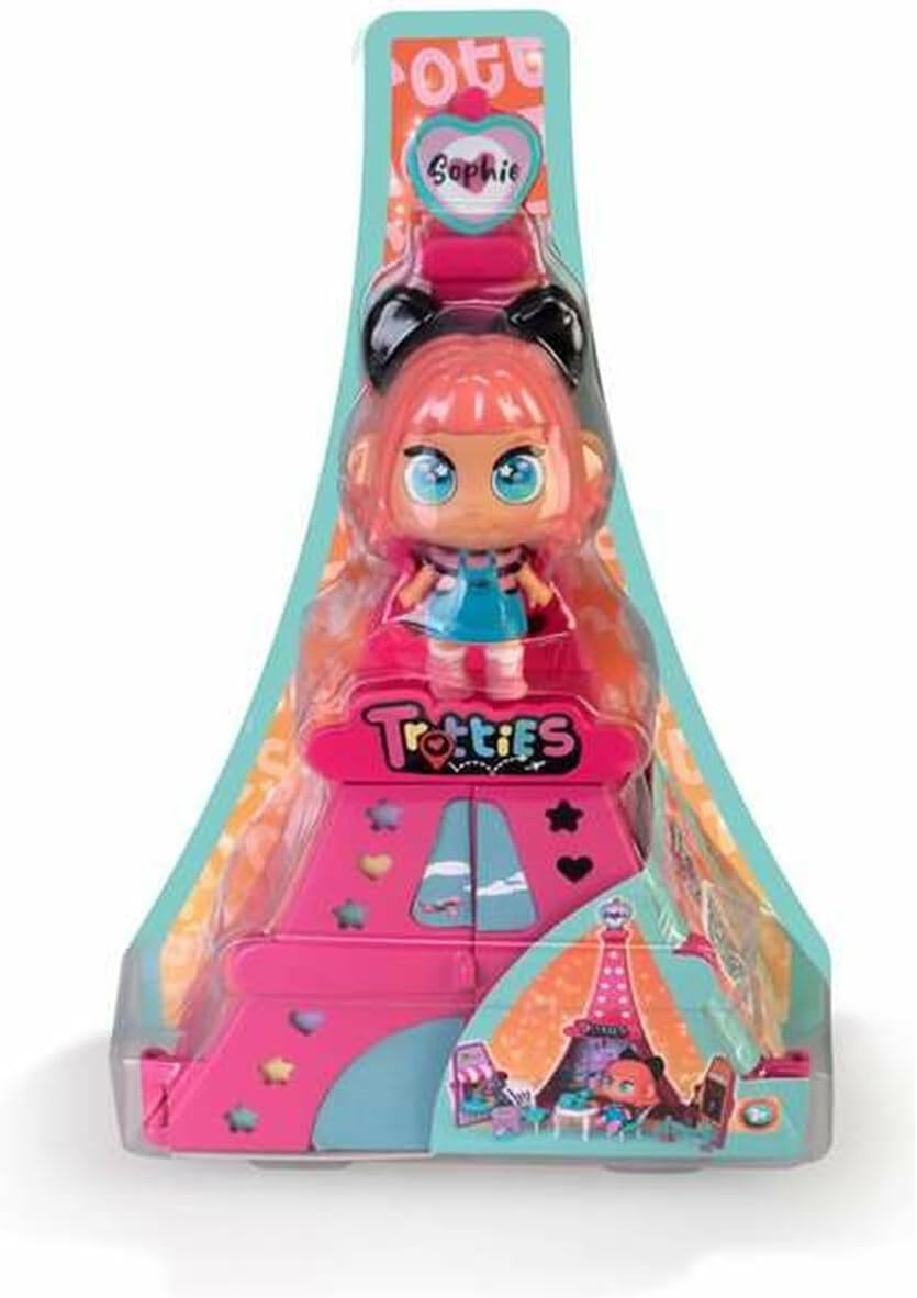 Mini Trotties Sophie in Paris playset con muñeca articulada de 10cm, Torre Eiffel transformable en café parisino y museo, toboganes laterales y más de 10 accesorios incluidos
