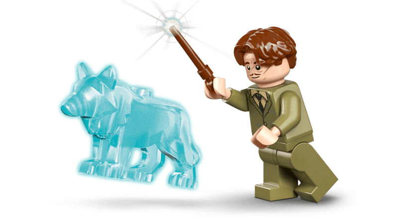 Minifigura LEGO Harry Potter 76463 Remus Lupin traje verde con varita y Patronus lobo azul translúcido
