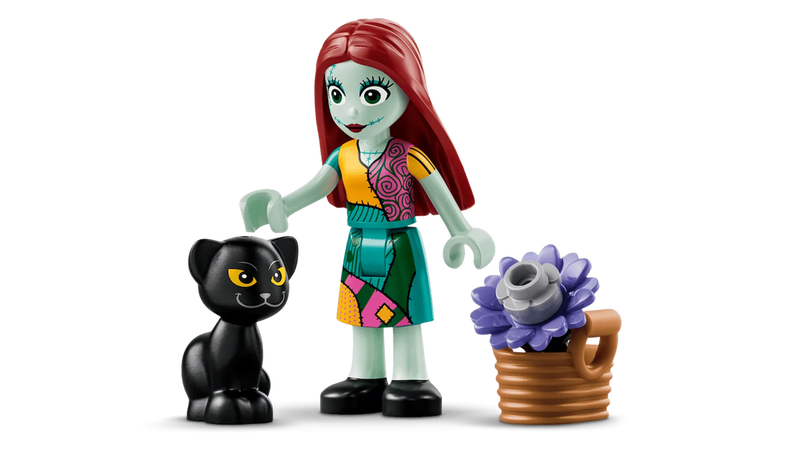 Minifigura Sally LEGO 43288 vestido retazos gatito negro cesta flor morada
