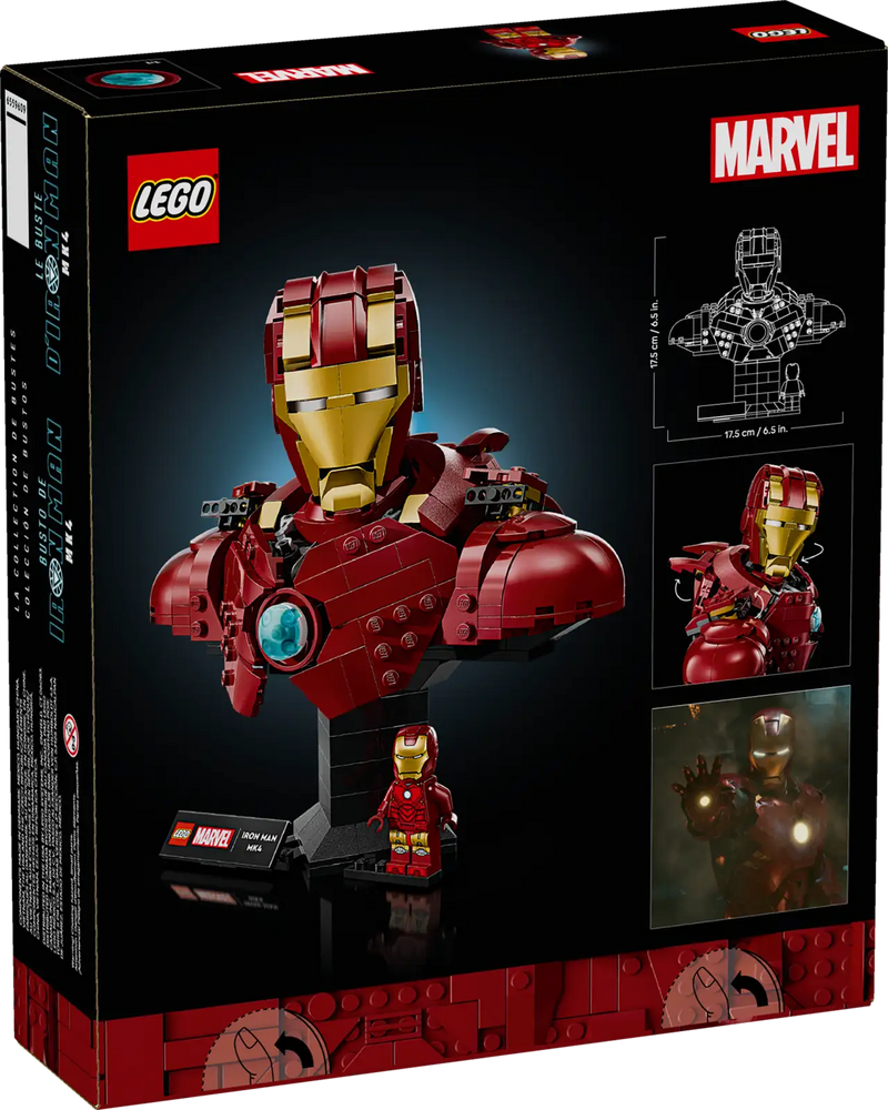Minifigura exclusiva de Iron Man junto al busto montado