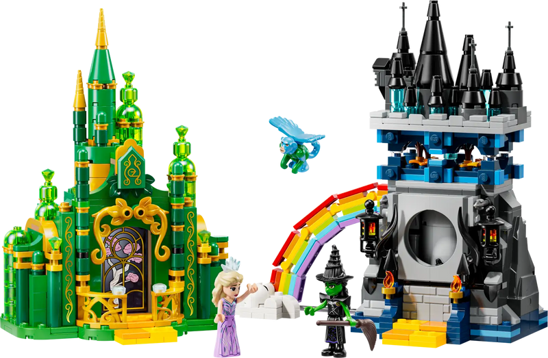 Minifiguras LEGO Wicked Glinda y Elphaba con primer mono volador de la línea Wicked, arcoíris construible multicolor y accesorios mágicos del set Emerald City y Castillo de Kiamo Ko 75689
