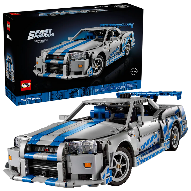 Modelo LEGO Technic Nissan Skyline GT-R 42210 montado con puertas abiertas