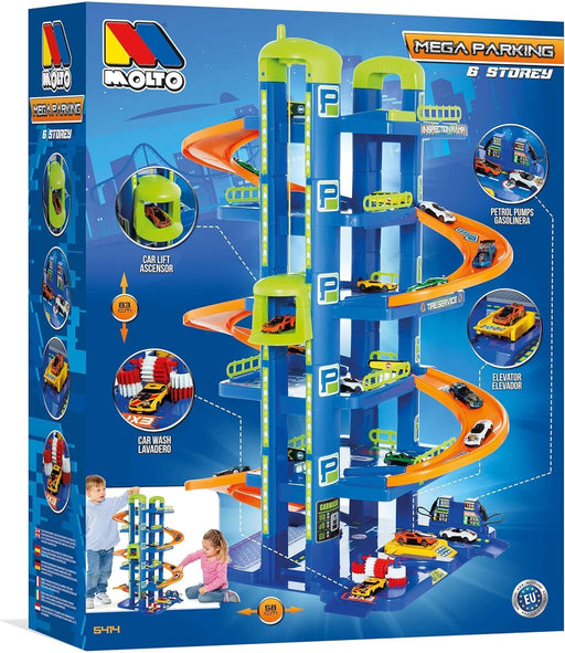 Moltó Parking 6 Plantas con coches incluidos, garaje gigante de juguete para desarrollo motor, coordinación mano-ojo y juego imaginativo niños 3+ años
