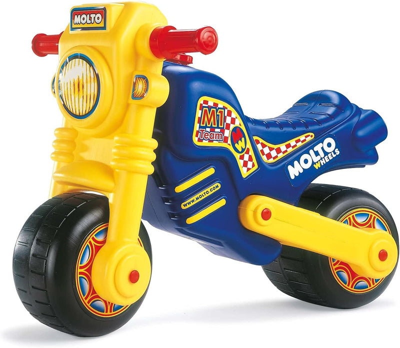 Moto Correpasillos Cross M1 Team Moltó azul y amarillo para niños 18m-5años, desarrollo motor, estabilidad garantizada, diseño competición, sillín 30cm
