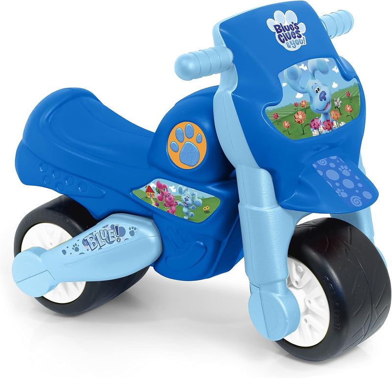 Moto correpasillos Bluey Motofeber Clues vista lateral con diseño oficial en color azul y pegatinas de los personajes
