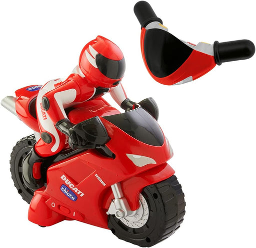 Moto teledirigida CHICCO Ducati 1198 RC con licencia oficial, control por manillar intuitivo, movimiento en 6 direcciones, sonidos reales de motor y claxon, diseño rojo deportivo réplica de la superbike Ducati 1198

