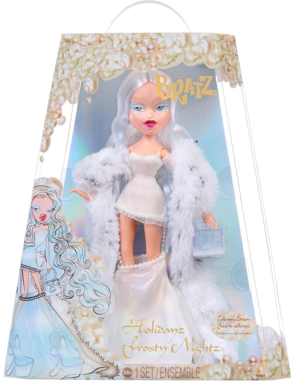 Muñeca Bratz Holidayz Frosty Nightz edición coleccionista con outfit invernal elegante y accesorios escarchados de MGA Entertainment
