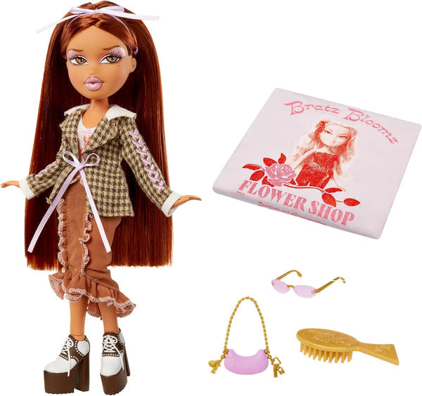 Muñeca Bratz Stylin Yasmin cabello moreno ondas tacones plataforma gafas sol
