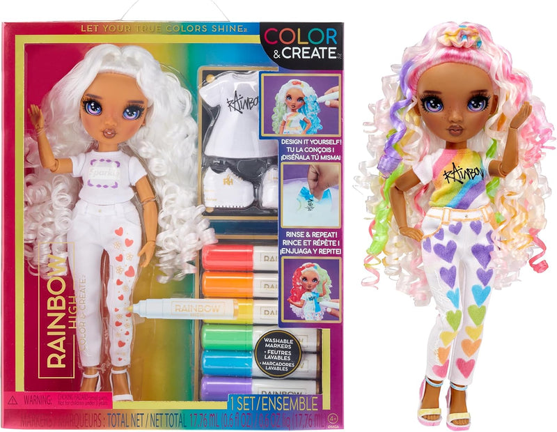 Muñeca Rainbow High Color Create Purple Eyes cabello blanco rizado rotuladores lavables
