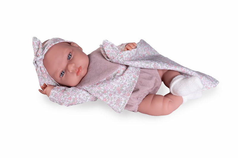 Muñeca Tufi 34 cm con conjunto floral y babero
