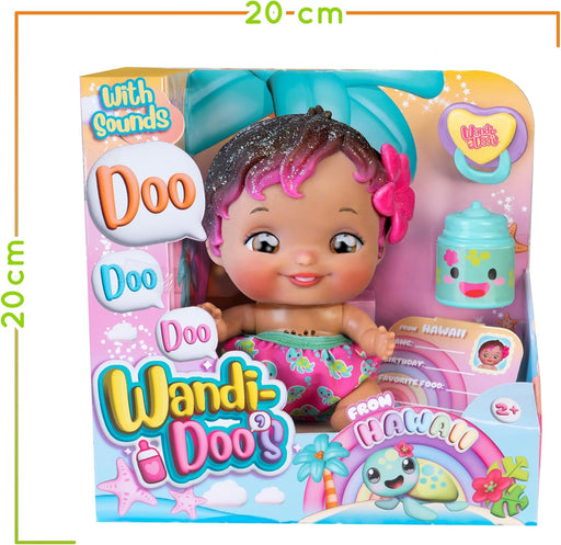 Muñeca Wandi-Doo Hawaiian FAMOSA ideal para abrazar, diseño alegre con temática hawaiana y acabado en plástico
