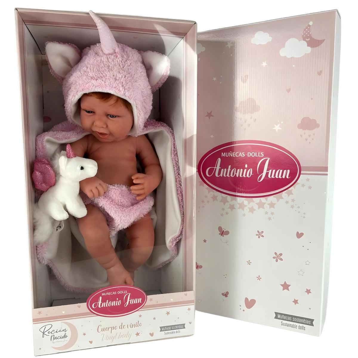 Muñecas Antonio Juan Recien Nacida Nica Pelirroja capa y peluche de unicornio (5000)