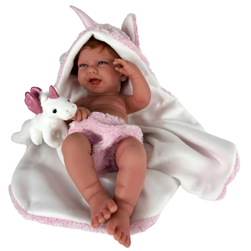Muñecas Antonio Juan Recien Nacida Nica Pelirroja capa y peluche de unicornio (5000)