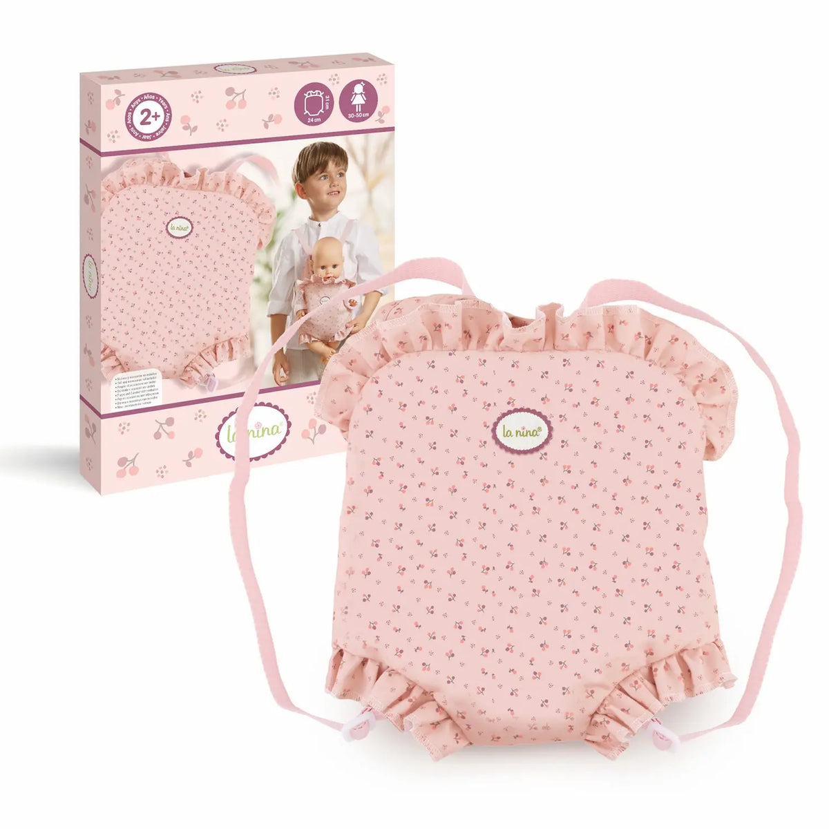 Niña usando mochila portabebés Olivia con muñeca, vista frontal del producto
