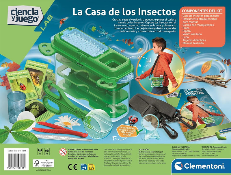 Niño explorando la naturaleza con La Casa de los Insectos de Clementoni, observando diferentes especies a través de la lupa mientras aprende sobre entomología
