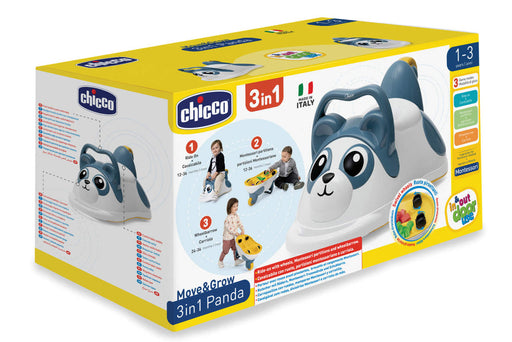 Niño jugando con el Panda 3 en 1 de Chicco en modo carretilla de paseo con ruedas giratorias y mango ergonómico para desarrollo motor desde 18 meses
