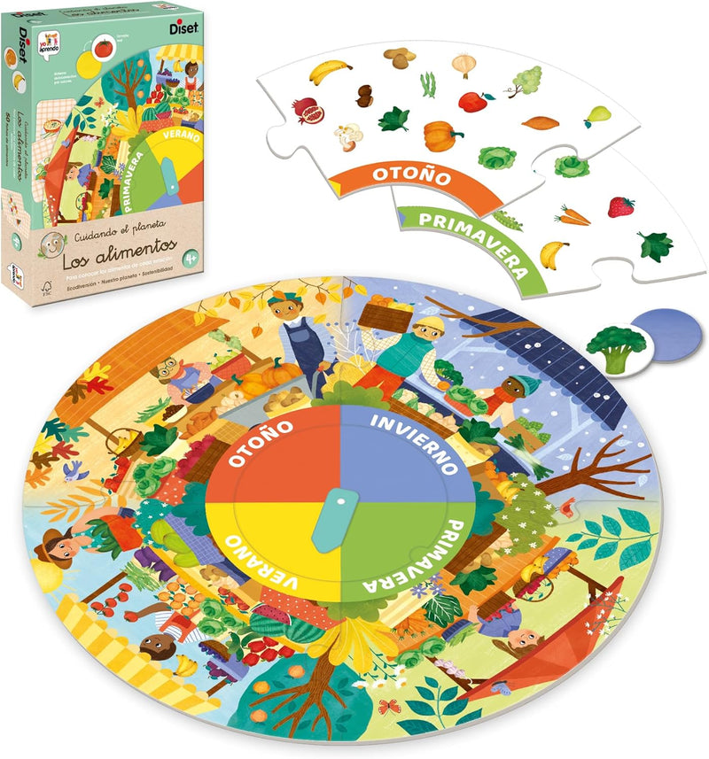 Niños jugando con Yo Aprendo Alimentos de Proximidad aprendiendo a identificar productos locales de temporada y entendiendo la importancia del consumo responsable y sostenible
