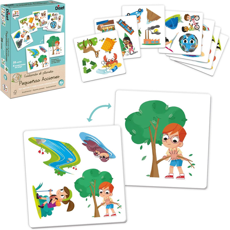 Niños jugando con Yo Aprendo Pequeñas Acciones aprendiendo hábitos ecológicos como usar bolsas reutilizables, cuidar plantas y separar residuos para proteger el planeta
