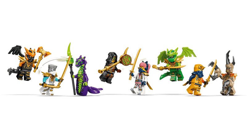 Ocho minifiguras LEGO Ninjago 71859: Zane, Sora, Arin, Lloyd, Cole y villanos con armas y accesorios
