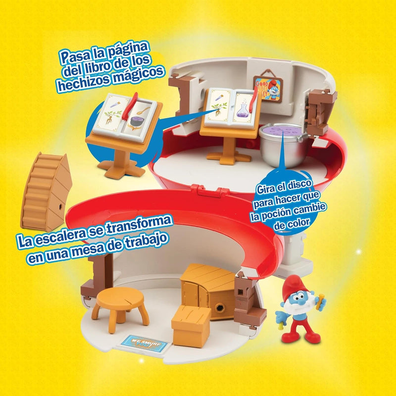 Interior de la casa: libro de hechizos, escalera convertible en mesa y disco de pociones