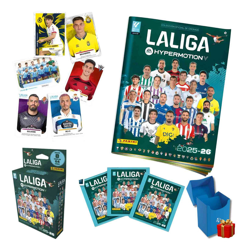 Pack Coleccionista Liga Hypermotion 2025/26 Panini - Contenido completo ilustrado: álbum oficial de la colección con 4 sobres iniciales, blister de 8 sobres adicionales y deckbox organizadora de regalo. Incluye 96 cromos en total repartidos en 12 sobres para empezar la colección de Segunda División española.
