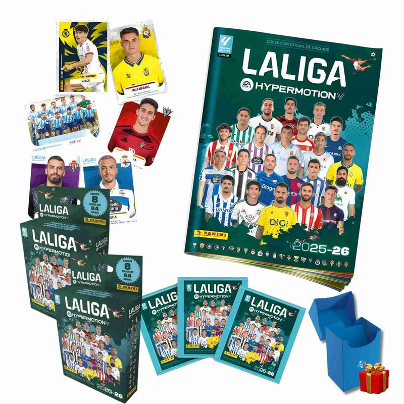 Pack Mega Liga Hypermotion 2025/26 Panini - Infografía del contenido completo: álbum oficial de la colección con 4 sobres iniciales, 2 blisters de 8 sobres adicionales y avance del 20-25% del álbum total. Incluye 128 cromos en total repartidos en 16 sobres, la opción más completa para coleccionistas de Segunda División española.
