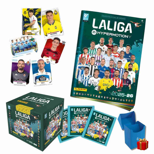 Pack Profesional Liga Hypermotion 2025/26 Panini - Infografía del pack más completo: álbum oficial de la colección con 4 sobres iniciales, caja display profesional de 50 sobres sellada de fábrica y avance del 75-85% del álbum total. Incluye 432 cromos en total repartidos en 54 sobres, garantizando prácticamente completar la colección de Segunda División española.

