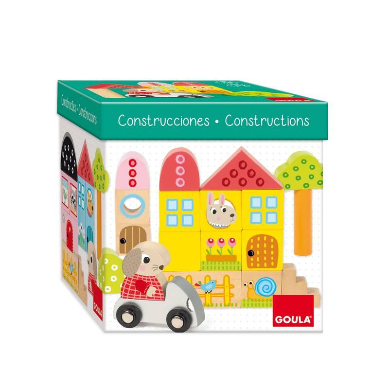 Pack de construcciones Goula con 40 piezas de madera natural en diferentes formas geométricas incluyendo cubos, cilindros, prismas y arcos para juego educativo infantil