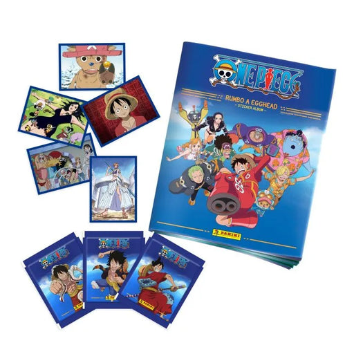 Pack oficial Panini One Piece Rumbo a Egghead con álbum de 48 páginas y 4 sobres de regalo (24 pegatinas adhesivas) - Colección completa de 204 cromos con holográficas y troqueladas de Luffy y la tripulación del Sombrero de Paja en la Isla Egghead
