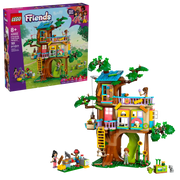 Packaging completo del LEGO Friends 42652 Quedada en la Casa del Árbol de la Amistad mostrando la caja y el modelo construido de 31 cm de altura con 701 piezas. Incluye 4 minipersonajes (Liann, Autumn, Leo, Zac), perro Pickle, mapache, escalera retráctil, tobogán y ascensor canino. Para niños a partir de 8 años.
