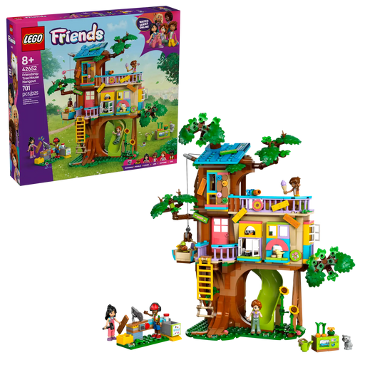 Packaging completo del LEGO Friends 42652 Quedada en la Casa del Árbol de la Amistad mostrando la caja y el modelo construido de 31 cm de altura con 701 piezas. Incluye 4 minipersonajes (Liann, Autumn, Leo, Zac), perro Pickle, mapache, escalera retráctil, tobogán y ascensor canino. Para niños a partir de 8 años.
