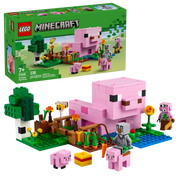 Packaging completo del LEGO Minecraft 21268 La Casa-Cerdo Bebé mostrando la caja y el modelo construido de 19 cm con casa en forma de cerdo, huerto con cultivos de patatas y remolachas, 5 figuras (héroe lobo, cerdo bebé, cerdo adulto, abeja, Piglin Zombi). Set de 238 piezas del bioma Bosque para niños a partir de 7 años con garantía de 3 años.
