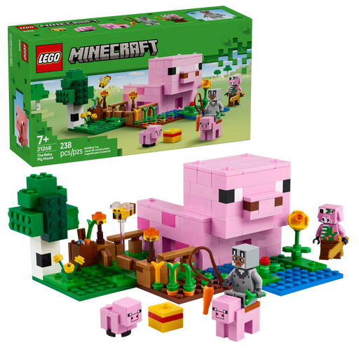 Packaging completo del LEGO Minecraft 21268 La Casa-Cerdo Bebé mostrando la caja y el modelo construido de 19 cm con casa en forma de cerdo, huerto con cultivos de patatas y remolachas, 5 figuras (héroe lobo, cerdo bebé, cerdo adulto, abeja, Piglin Zombi). Set de 238 piezas del bioma Bosque para niños a partir de 7 años con garantía de 3 años.
