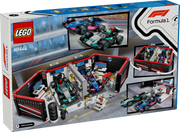 Packaging completo del set LEGO City 60444 con vista de la caja y el garaje de F1 portátil abierto mostrando los coches Mercedes-AMG y Alpine, minifiguras de pilotos y mecánicos, sistema de lanzamiento interactivo y taller totalmente equipado. Juguete de Formula 1 de 678 piezas para mayores de 7 años con envío gratis desde 49,99€.
