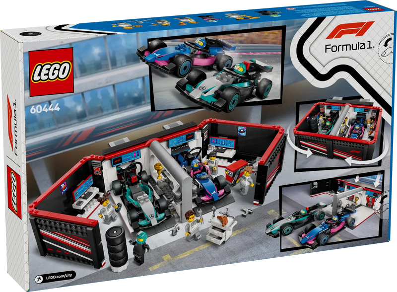 Packaging completo del set LEGO City 60444 con vista de la caja y el garaje de F1 portátil abierto mostrando los coches Mercedes-AMG y Alpine, minifiguras de pilotos y mecánicos, sistema de lanzamiento interactivo y taller totalmente equipado. Juguete de Formula 1 de 678 piezas para mayores de 7 años con envío gratis desde 49,99€.
