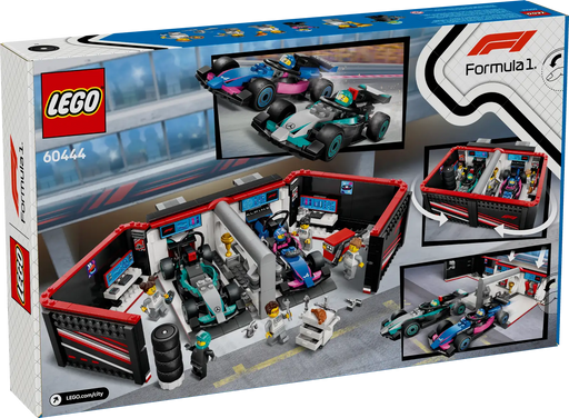 Packaging completo del set LEGO City 60444 con vista de la caja y el garaje de F1 portátil abierto mostrando los coches Mercedes-AMG y Alpine, minifiguras de pilotos y mecánicos, sistema de lanzamiento interactivo y taller totalmente equipado. Juguete de Formula 1 de 678 piezas para mayores de 7 años con envío gratis desde 49,99€.
