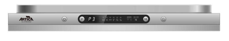 Panel de control digital del lavavajillas ARTICA ALVI76030D con pantalla LCD, botones de programación, indicador de tiempo restante y función de inicio diferido
