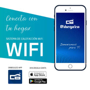 Pantalla de la ORBEGOZO APP mostrando control WiFi del emisor térmico RRW, programación semanal y ajustes de temperatura remotos
