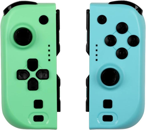 Par de controladores Konix compatibles con Nintendo Switch mostrando el esquema de colores verde y azul, conexión Bluetooth y botones de captura integrados
