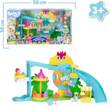 Parque acuático Bluey con toboganes accesorios y puesto de piruletas Famosa juguete verano
