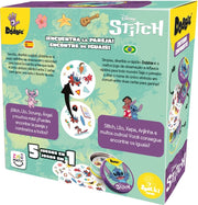  Parte trasera de la caja Dobble Disney Stitch con instrucciones del juego en español y portugués, explicando las 5 modalidades de juego incluidas