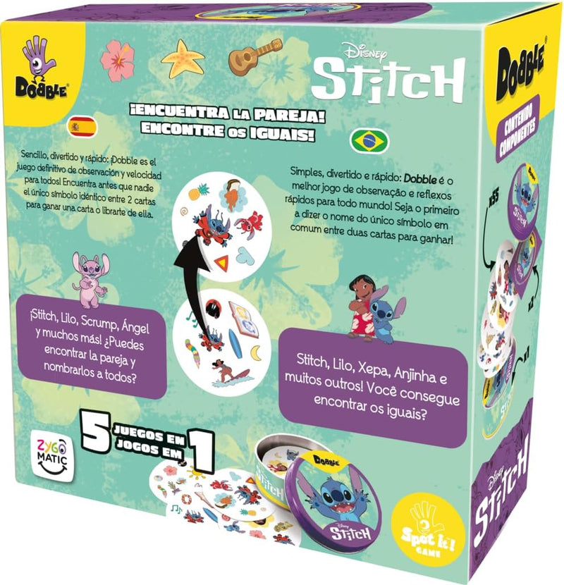  Parte trasera de la caja Dobble Disney Stitch con instrucciones del juego en español y portugués, explicando las 5 modalidades de juego incluidas