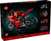 Parte trasera de la caja LEGO Technic Ducati Panigale V4 S 42202 mostrando características técnicas, dimensiones del modelo (30x43x15 cm), funciones mecánicas y detalles de construcción del set de 1603 piezas para adultos
