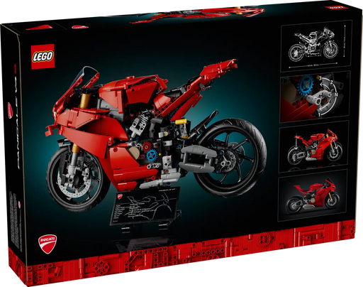 Parte trasera de la caja LEGO Technic Ducati Panigale V4 S 42202 mostrando características técnicas, dimensiones del modelo (30x43x15 cm), funciones mecánicas y detalles de construcción del set de 1603 piezas para adultos
