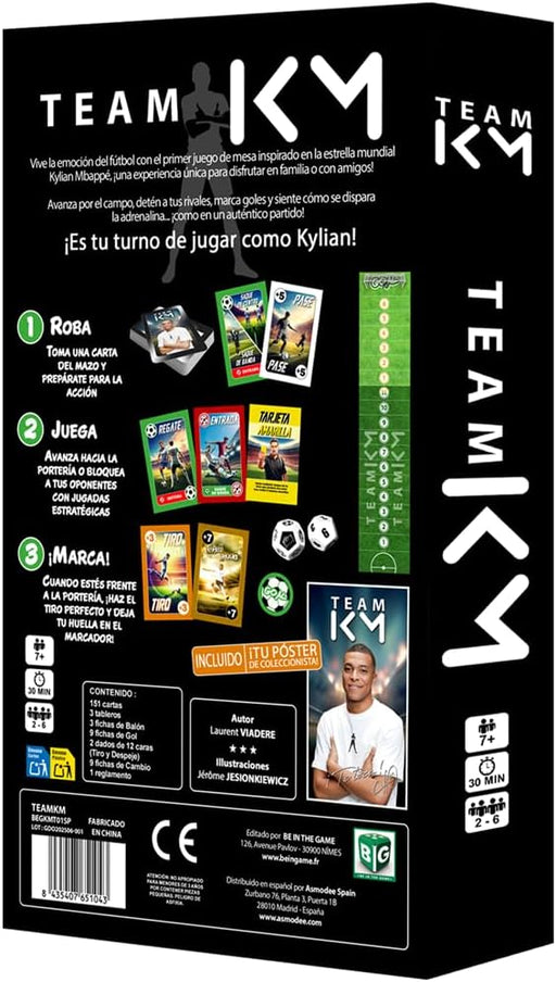 Parte trasera de la caja Team KM mostrando instrucciones del juego: Roba, Juega y Marca, con contenido detallado de 151 cartas, 3 tableros, fichas, dados y póster incluido - Juego de mesa de fútbol de Big in Game
