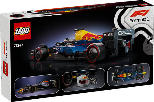  Parte trasera del set LEGO Red Bull RB20 mostrando vista superior del coche, casco del piloto y render 3D del modelo F1