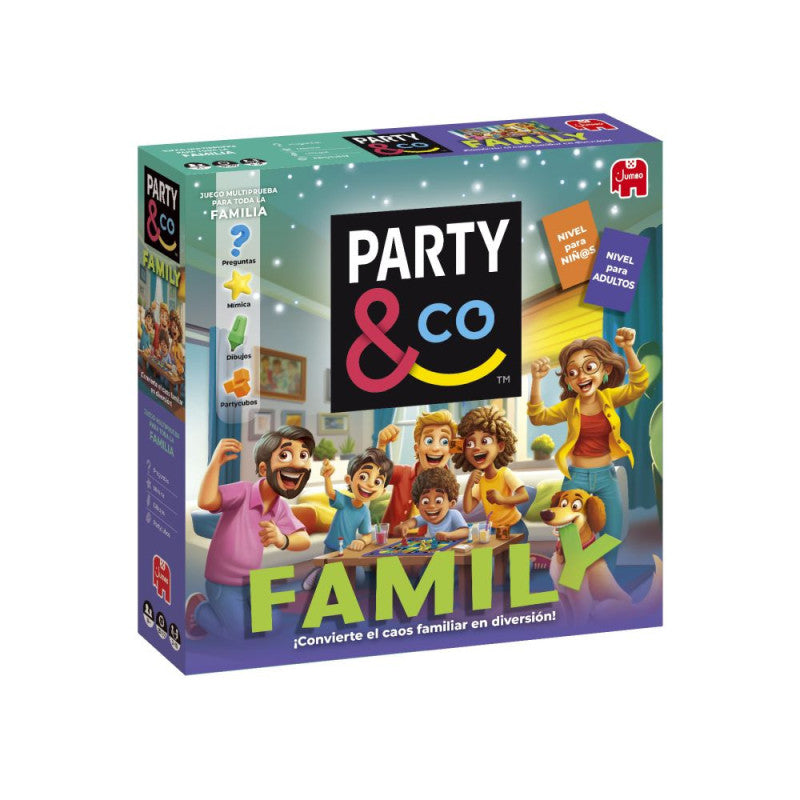 Party & Co. Family DISET - Juego de mesa familiar con 2 niveles de dificultad para niños y adultos, incluye 2 tableros, 300 tarjetas y múltiples pruebas divertidas para 3-20 jugadores
